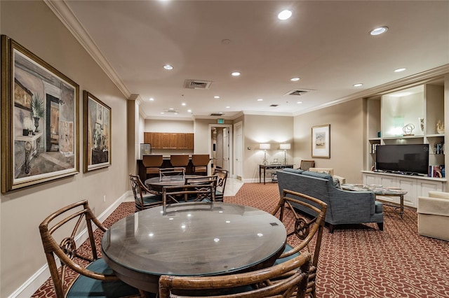 carpeted dining space featuring crown molding, recessed lighting, and visible vents