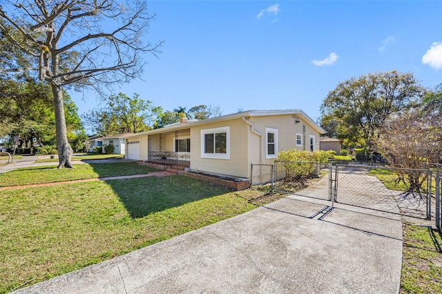 single story home featuring a gate, an attached garage, a front yard, and fence