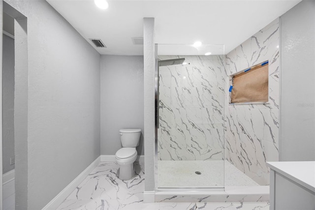 bathroom with a marble finish shower, visible vents, baseboards, toilet, and marble finish floor