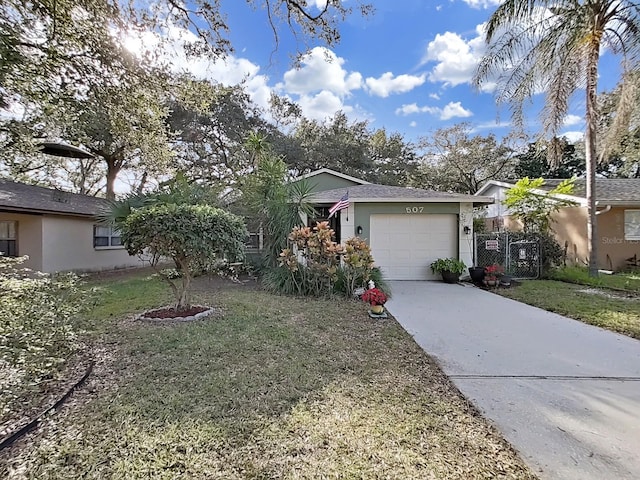 ranch-style house with stucco siding, driveway, a garage, and a front lawn