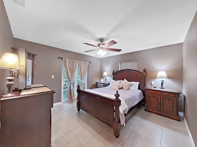 bedroom with visible vents, a ceiling fan, a textured ceiling, baseboards, and access to exterior