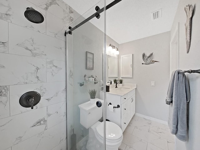 bathroom with visible vents, marble finish floor, vanity, and a shower stall