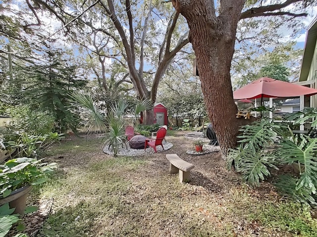 view of yard with a fire pit