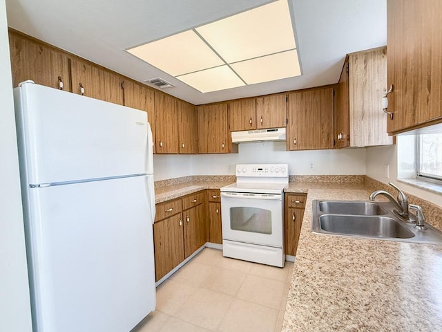 kitchen featuring white appliances, visible vents, a sink, under cabinet range hood, and brown cabinets