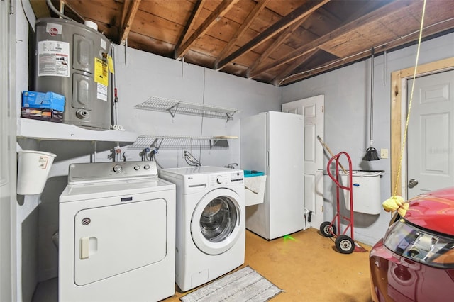 washroom with washing machine and clothes dryer, laundry area, and electric water heater