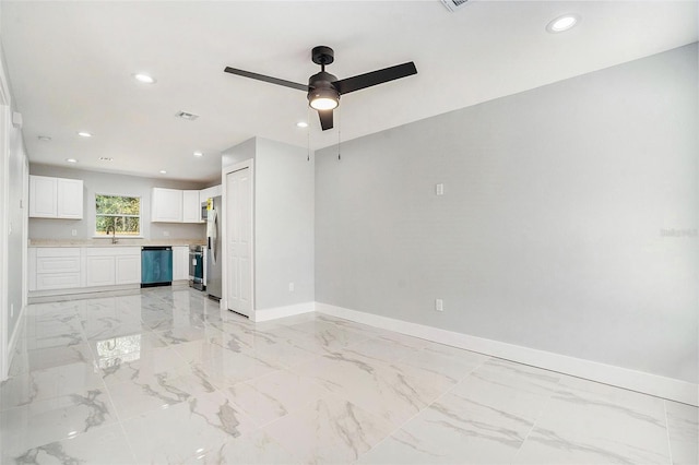 unfurnished living room with visible vents, baseboards, recessed lighting, marble finish floor, and a ceiling fan