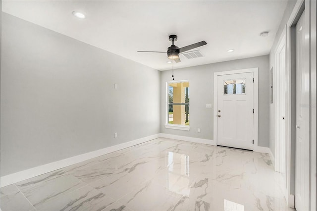 entrance foyer with a ceiling fan, visible vents, baseboards, recessed lighting, and marble finish floor