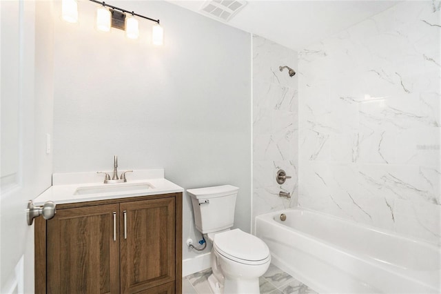 full bath with visible vents, toilet, shower / bathtub combination, marble finish floor, and vanity