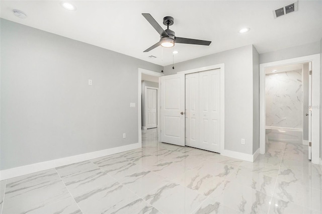 unfurnished bedroom featuring recessed lighting, baseboards, visible vents, and marble finish floor