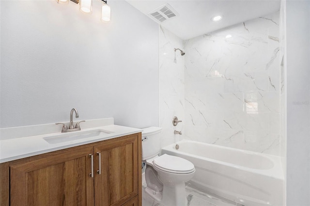 bathroom featuring visible vents, washtub / shower combination, toilet, marble finish floor, and vanity