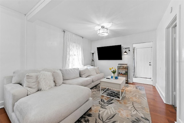 living area featuring wood finished floors and baseboards