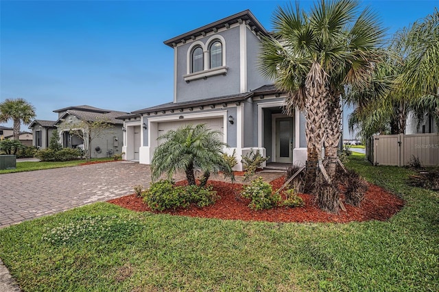 view of front facade with decorative driveway, an attached garage, a front lawn, and stucco siding