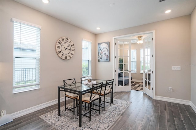 dining area with dark wood-style floors, a healthy amount of sunlight, french doors, and baseboards