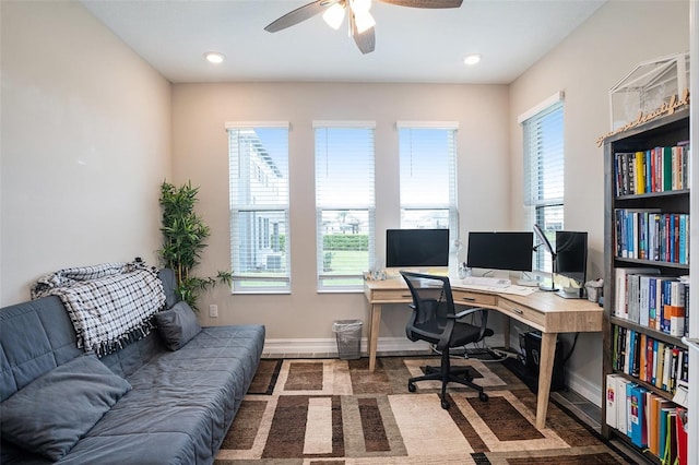 office featuring recessed lighting, a ceiling fan, and baseboards