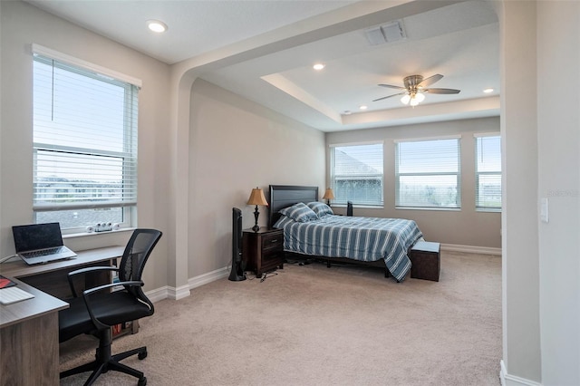 bedroom featuring recessed lighting, visible vents, light carpet, and baseboards