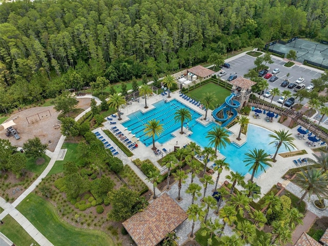 bird's eye view featuring a view of trees