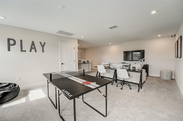 game room with recessed lighting, visible vents, and light colored carpet