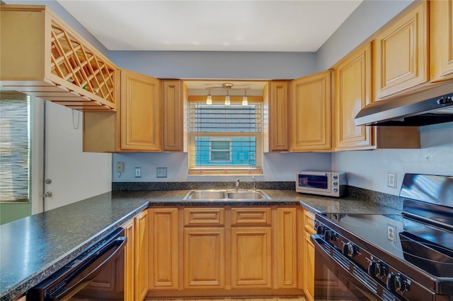 kitchen with black appliances, a sink, under cabinet range hood, dark countertops, and a toaster