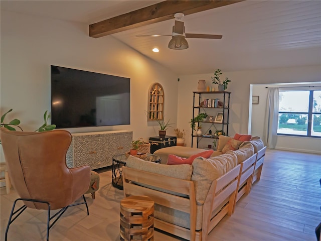 living area featuring recessed lighting, light wood-type flooring, ceiling fan, and vaulted ceiling with beams