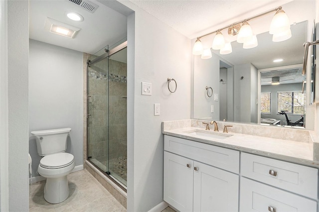 bathroom featuring visible vents, a shower stall, baseboards, toilet, and vanity