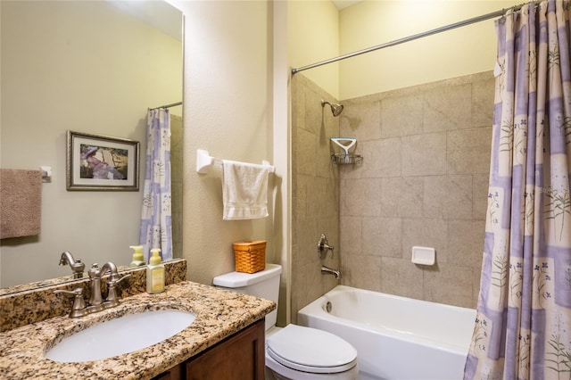 full bathroom with toilet, vanity, and shower / bath combination with curtain