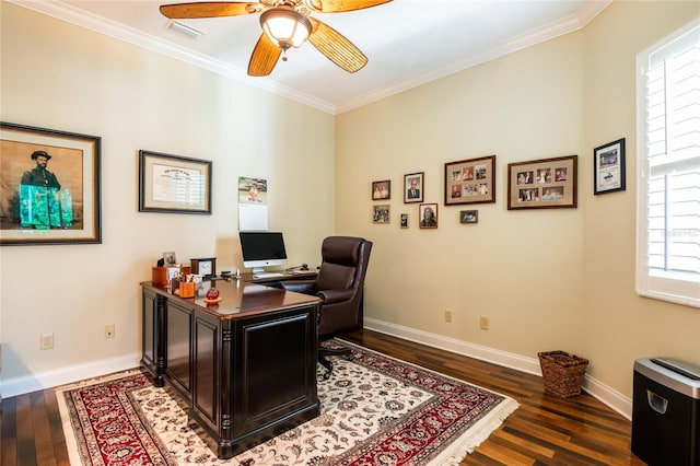 office area with wood finished floors, baseboards, and ornamental molding