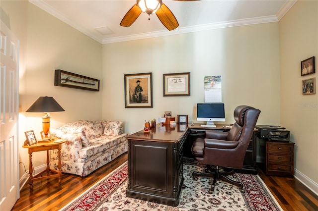 home office featuring dark wood finished floors, a ceiling fan, crown molding, and baseboards