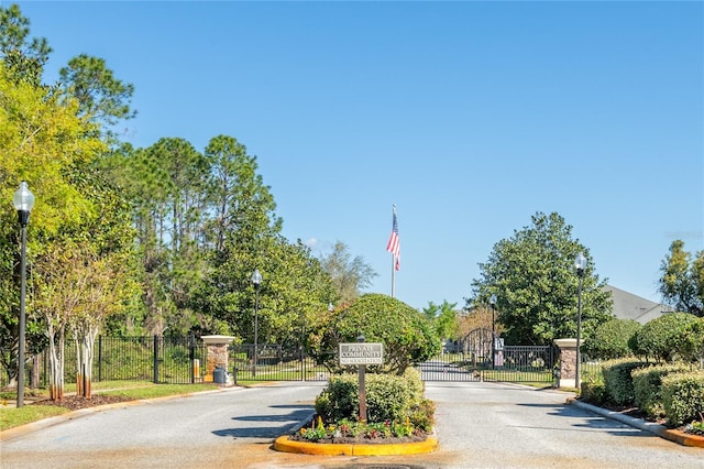 view of road with curbs, street lights, a gated entry, and a gate