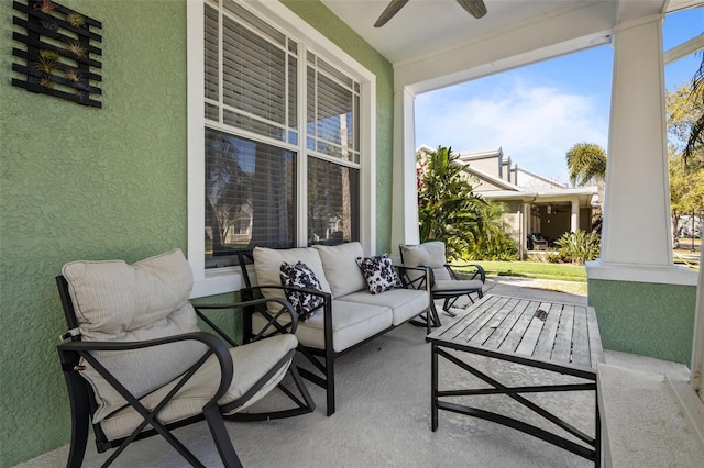 view of patio / terrace featuring a porch, an outdoor hangout area, and ceiling fan