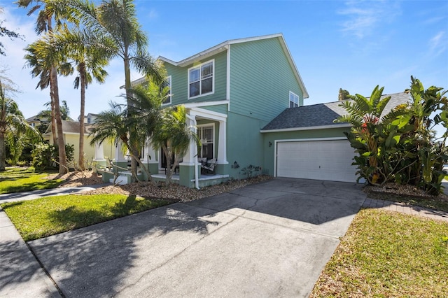 view of front of house with a porch, stucco siding, an attached garage, and concrete driveway