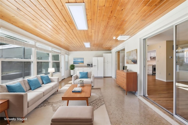 living room with light speckled floor and wooden ceiling