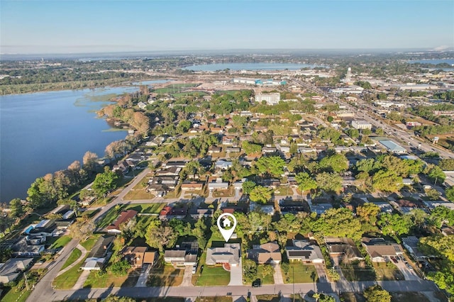 aerial view featuring a water view and a residential view