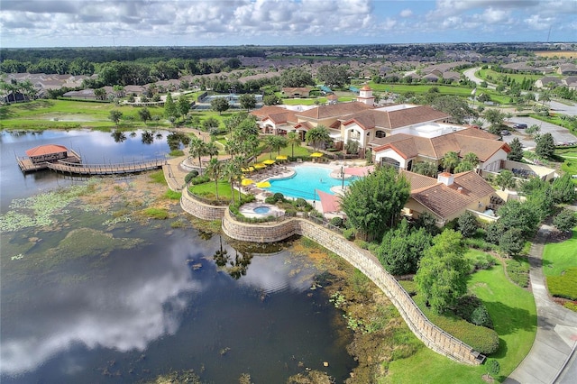 aerial view featuring a residential view and a water view