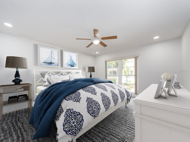 bedroom with recessed lighting, carpet floors, and ceiling fan