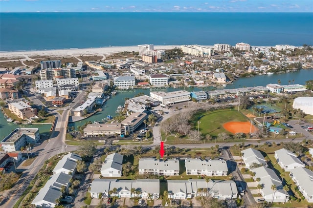 bird's eye view featuring a city view and a water view