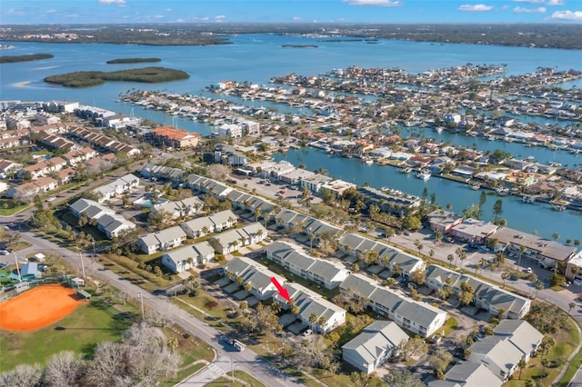 aerial view featuring a water view and a residential view