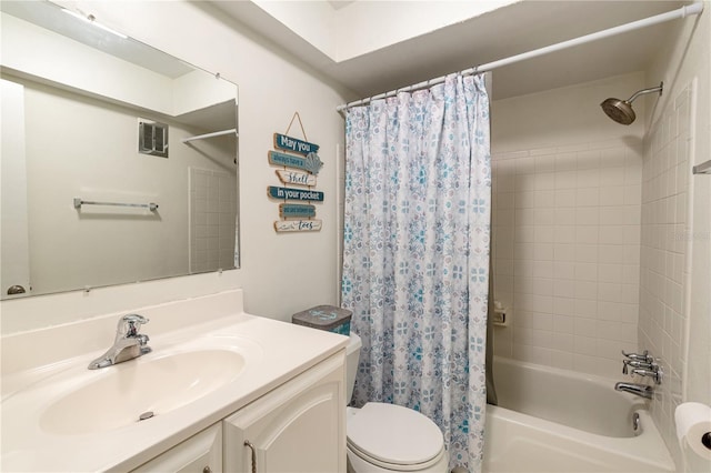 bathroom with visible vents, toilet, shower / bath combo, and vanity