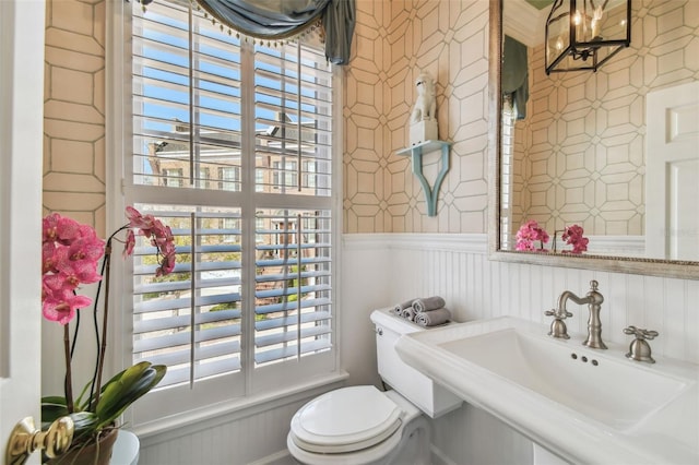 bathroom with a wainscoted wall, toilet, and a sink