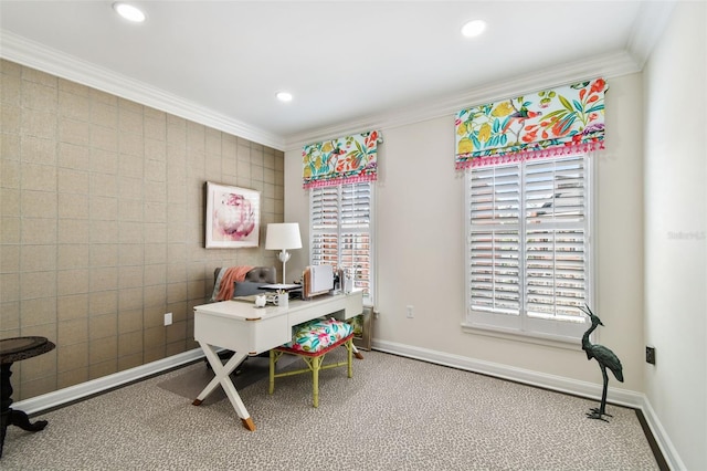 office area featuring recessed lighting, baseboards, and ornamental molding