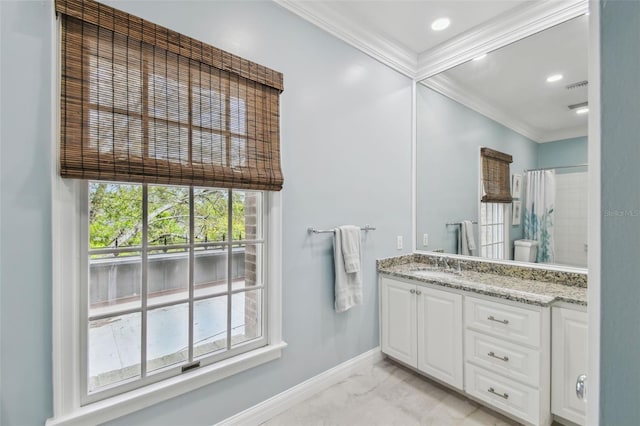 bathroom featuring vanity, a shower with curtain, baseboards, crown molding, and marble finish floor