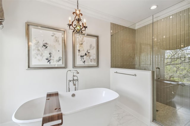 full bath featuring a freestanding bath, marble finish floor, a stall shower, and crown molding