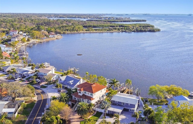 birds eye view of property with a water view and a residential view