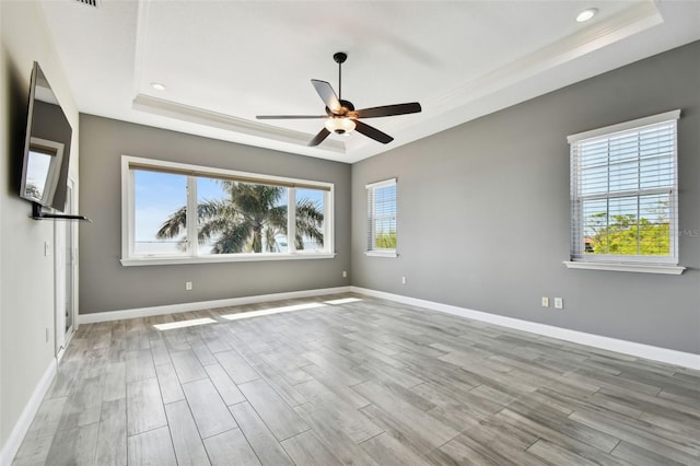 spare room with a wealth of natural light, a tray ceiling, and baseboards