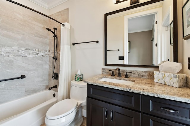 bathroom with vanity, crown molding, toilet, and shower / bath combo