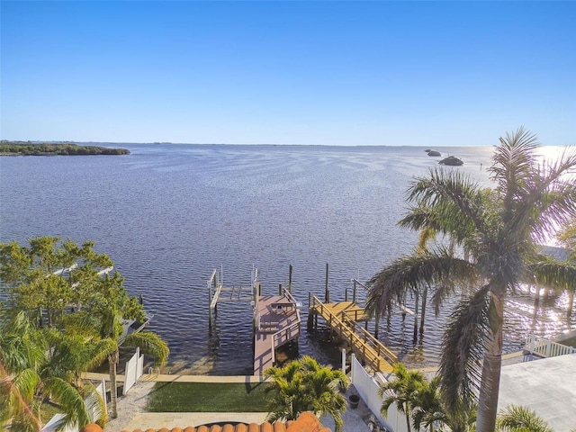 property view of water with a dock