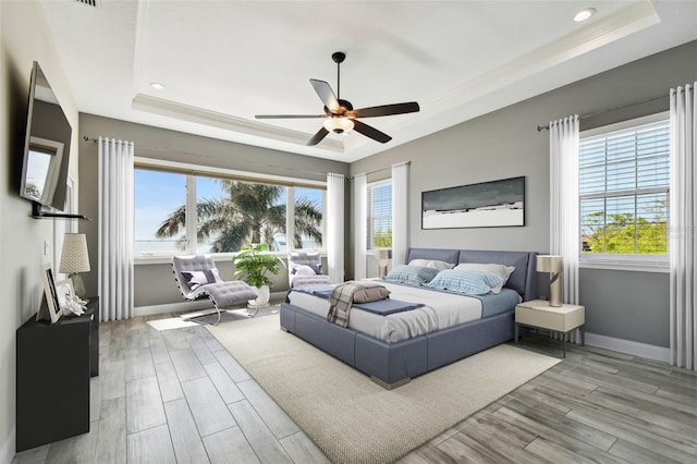 bedroom featuring multiple windows and a raised ceiling