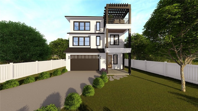 contemporary home featuring a front lawn, driveway, fence, a garage, and a balcony