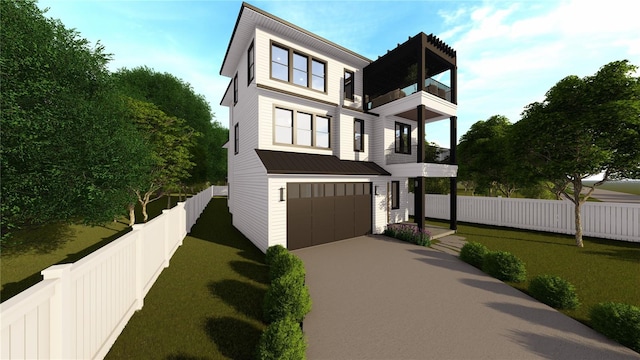 modern home featuring a garage, a balcony, concrete driveway, and a front lawn