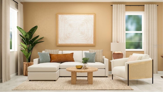 living area featuring tile patterned flooring and baseboards