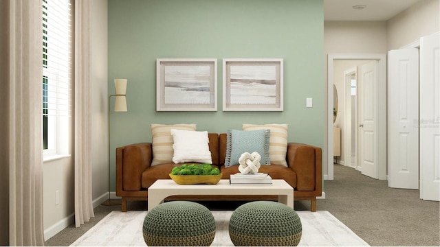 living area featuring baseboards and carpet